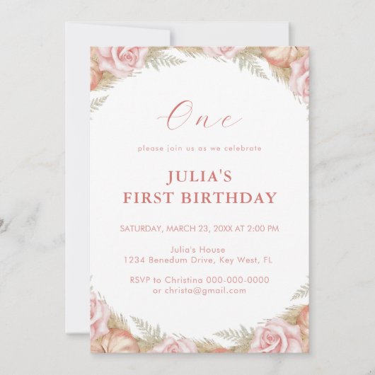 Invitation Rose rose Premier anniversaire (Devant)