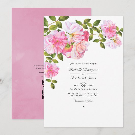 Invitation Rose rose QR Code RSVP Mariage de jardin (Devant / Derrière)