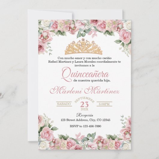 Invitation Rose rose Quinceañera Floral (Devant)