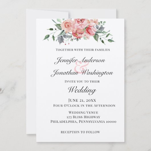 Invitation Rose rose romantique florale (Devant)