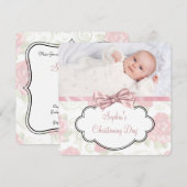 Invitation Rose Rose Rose Baby Girl Photo Christening (Devant / Derrière)