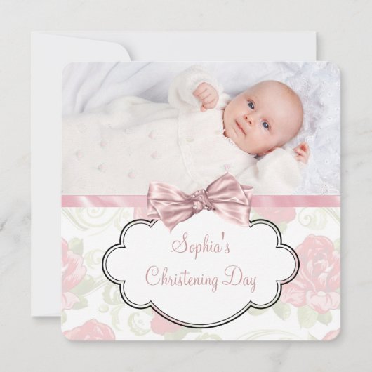 Invitation Rose Rose Rose Baby Girl Photo Christening (Devant)
