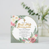 Invitation Rose rose rose | Cadre Floral Or Première Communio (Debout devant)