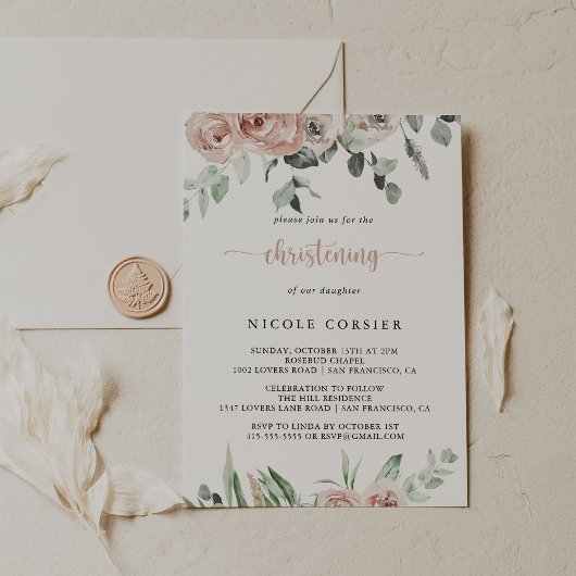 Invitation Rose rose rose classique Christening floral