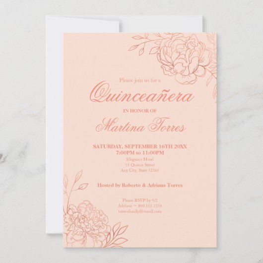 Invitation Rose Rose Rose Gold Fleurs Outline Floral Quincean (Devant)