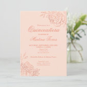 Invitation Rose Rose Rose Gold Fleurs Outline Floral Quincean (Debout devant)