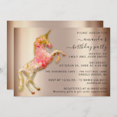 Invitation Rose Rose Rose Gold Parties scintillant Unicorn Ho (Devant / Derrière)