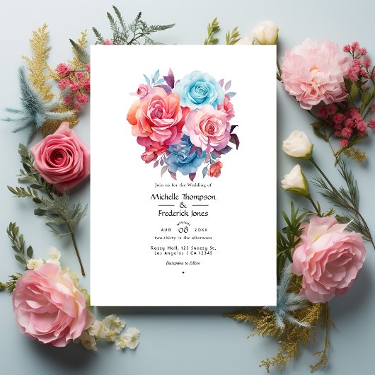 Invitation Rose rose, rose pâle, turquoise et Mariage bleu