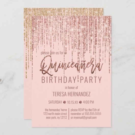 Invitation Rose Rose Rose Parties scintillant or rideau Fring (Devant / Derrière)