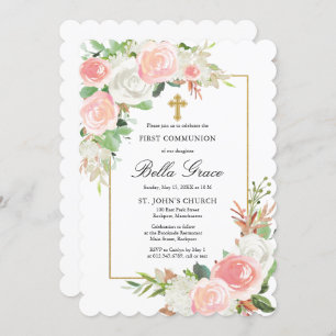Invitation Rose Rose Rose Rose Rose Floral Première Communion