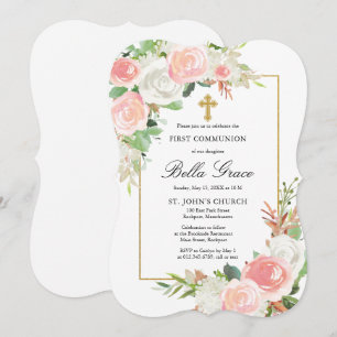 Invitation Rose Rose Rose Rose Rose Floral Première Communion