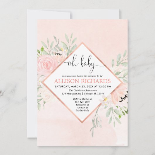 Invitation Rose rose rose rose rose rose or floral fille baby (Devant)