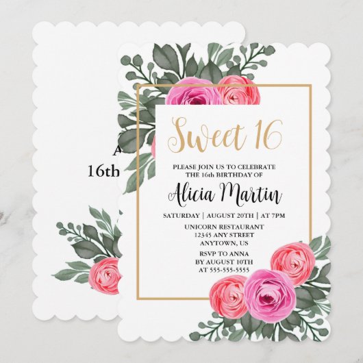 Invitation Rose rose roux Dusty Flora Vert Or doux 16 (Devant / Derrière)