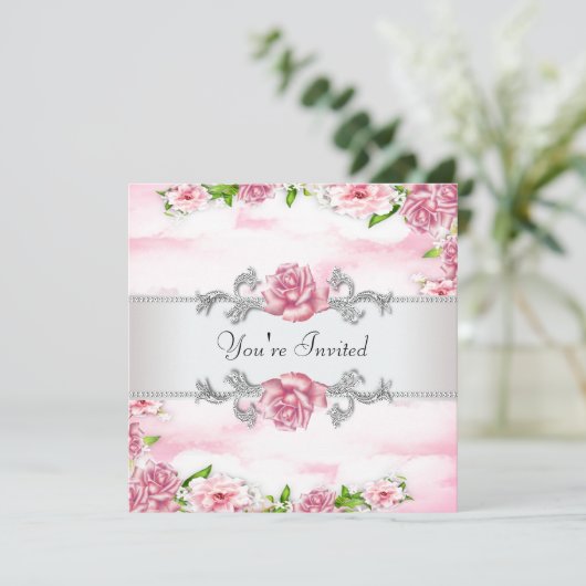 Invitation Rose rose Toutes les occasions (Debout devant)