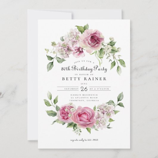 Invitation Rose Rose Vert Arc Floral 80e fête d'anniversaire (Devant)