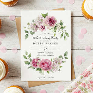 Invitation Rose Rose Vert Arc Floral 80e fête d'anniversaire