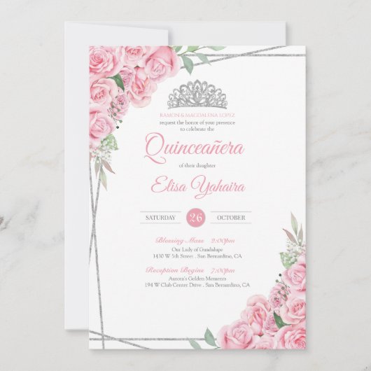 Invitation Rose rose vif Diamant argenté Tiara Quinceanera (Devant)