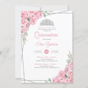 Invitation Rose rose vif Diamant argenté Tiara Quinceanera