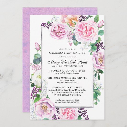 Invitation Rose rose violet Fête de la vie (Devant / Derrière)