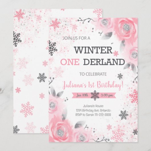 Invitation Rose Rose Winter Wonderland 1er anniversaire Invit (Devant / Derrière)