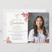 Invitation Rose Roses Gold Caduceus Infirmière Diplôme de l'é (Devant)