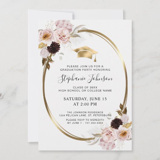 Invitation Rose Roses Gold Metallic Graduation Party (Devant)