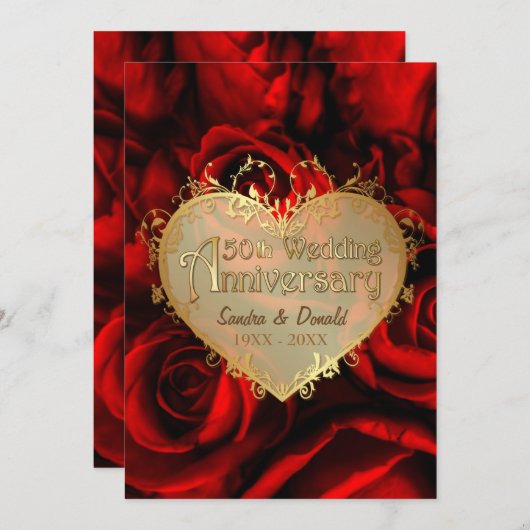 Invitation Rose rouge 50e anniversaire de mariage - ver. 2 (Devant / Derrière)