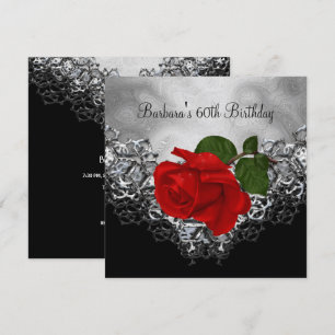 Invitation Rose rouge 60 ans Anniversaire Broderie Blanc Noir