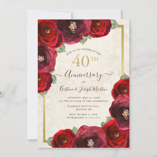 Invitation Rose rouge Aquarelle or floral 40e anniversaire (Devant)