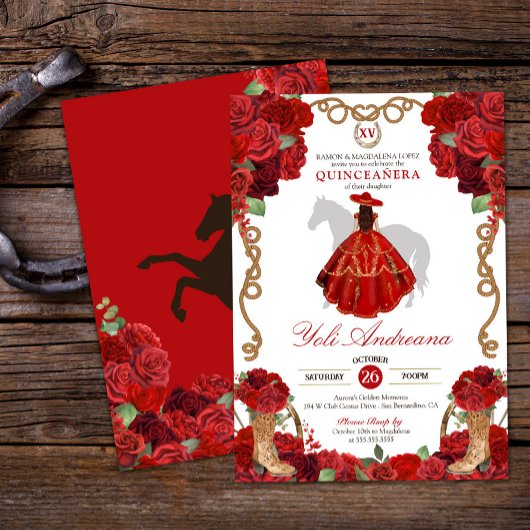 Invitation Rose rouge Bottes Ouest Charra Vestidos Quinceañer