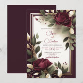 Invitation Rose rouge BourgogneFloral Faux Gold Mariage de lu (Devant / Derrière)