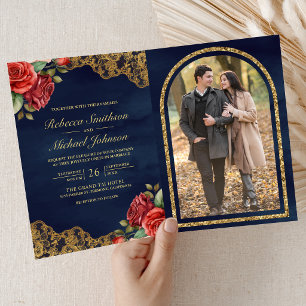 Invitation Rose Rouge Broderie Or Bleu Nuit Code QR Photo Mar