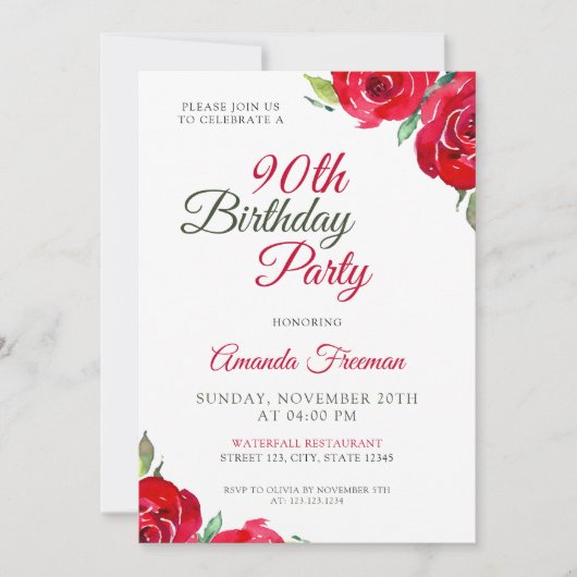 Invitation Rose rouge chic 90e anniversaire (Devant)