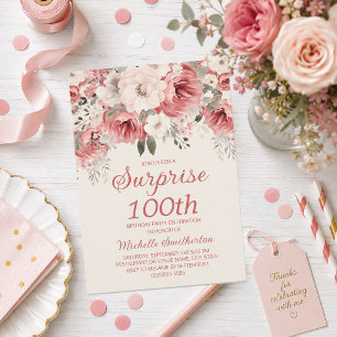 Invitation Rose Rouge Crème Aquarelle Florale Surprise 100ème
