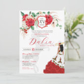 Invitation Rose rouge Crest Floral Elegant Charra Quinceañera (Debout devant)