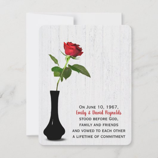Invitation Rose Rouge Dans Le Vase Noir Sur Bois Blanchis (Devant)