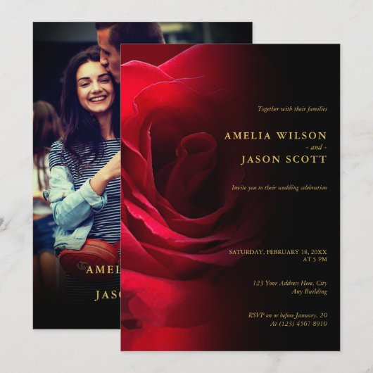 Invitation Rose rouge dégradé noir avec Mariage photo (Devant / Derrière)