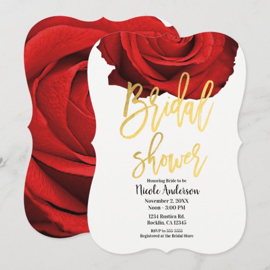 Invitation Rose rouge dorée écriture moderne tendance douche (Devant / Derrière)