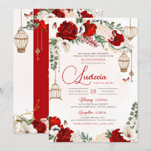 Invitation Rose Rouge Élégant Botanique Papillon Quinceañera