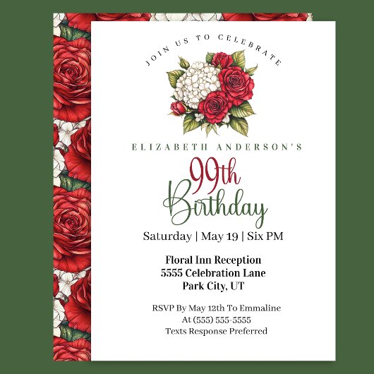 Invitation Rose Rouge Élégante 99e Anniversaire