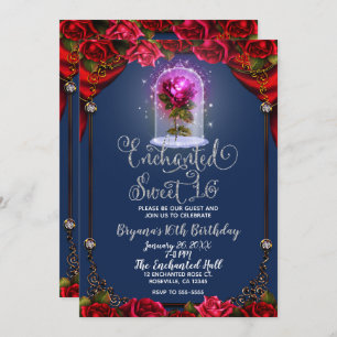 Invitation Rose rouge enchantée Beauté Anniversaire Soirée Sw