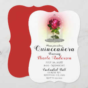 Invitation Rose rouge enchantée et scintillante pour une fête
