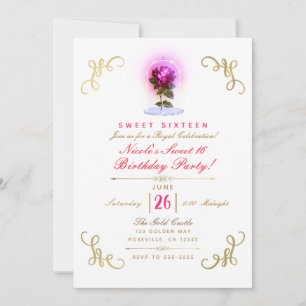 Invitation Rose rouge enchantée Floral Gold Sweet 16 Party