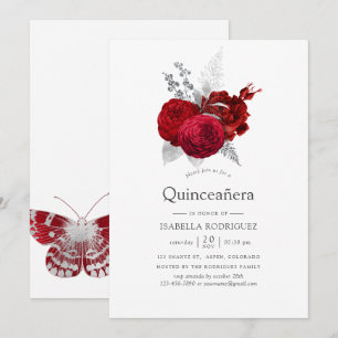 Invitation Rose rouge et argentée Quinceañera vintage