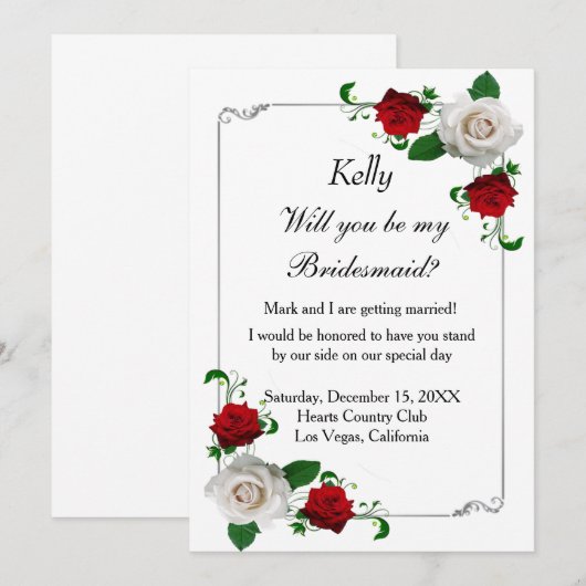 Invitation Rose Rouge Et Blanc Mariage De Noël Bridesmaid (Devant / Derrière)