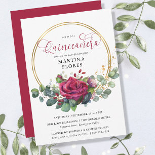 Invitation Rose rouge et Eucalyptus Élégante Quinceanera flor