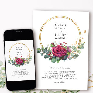 Invitation Rose rouge et Eucalyptus Gold Frame Mariage