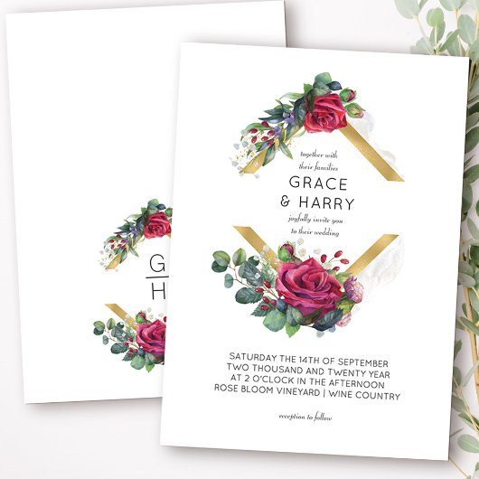 Invitation Rose rouge et Eucalyptus Mariage de cadre diamant 