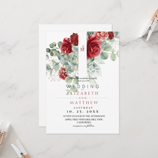 Invitation Rose rouge et mariage floral élégant (Devant/Arrière en situation)