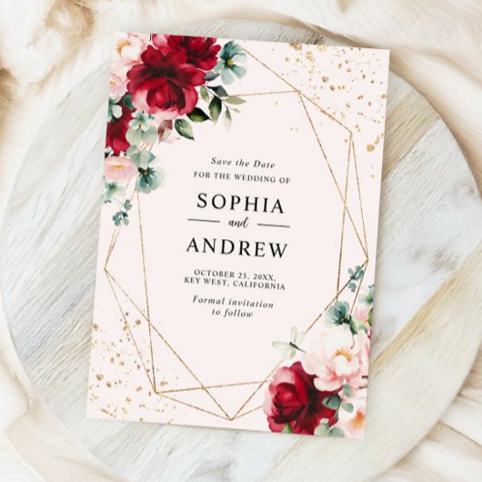 Invitation Rose rouge et or aquarelle florale Enregistrer la